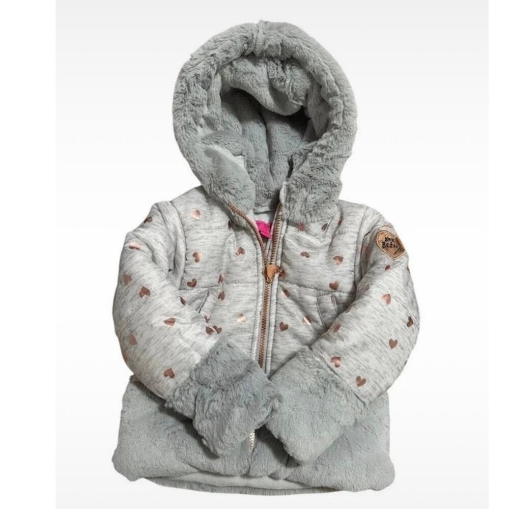 Betsey Johnson Girls Gray Faux Fur Hooded Jacket Rose Gold Hearts 2T